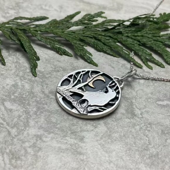 Large Raven with Crescent Moon Pendant and Necklace #1402 - Picture 5 of 6